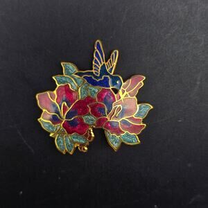 Cloisonne Enamel Hummingbird Brooch Vintage Spring Costume Jewelry